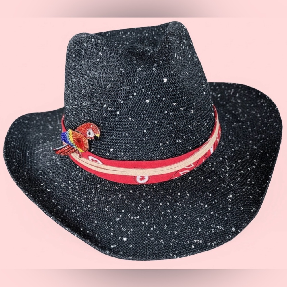 ✨ Shimmering Black Sequin Cowboy Hat with Tropical Parrot Charm ✨🦜